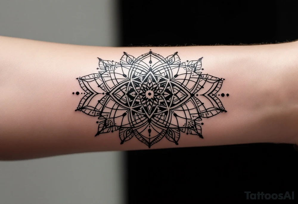 simple, minimalist tattoo, sacred geometry mandala, centerpiece design, dotwork patterns, radiating geometry, symmetrical mandala, geometric shapes, intricate dotwork, sacred patterns, mandala center, geometric radiating, fine line work, black grey shading, minimalist design, no outlines, arm placement, delicate linework, precise geometry, clean symmetry, sacred symbols, geometric precision, dotwork details, mandala focal point, refined patterns, understated complexity, geometric harmony, minimalist tattoo idea