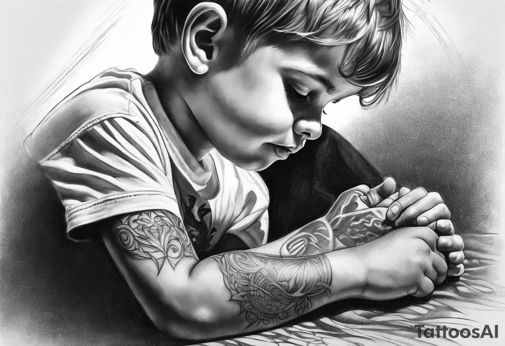 little boy kneeling and praying tattoo idea