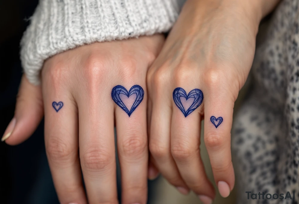 Matching tiny navy-blue heart tattoos on ring fingers of each partner tattoo idea
