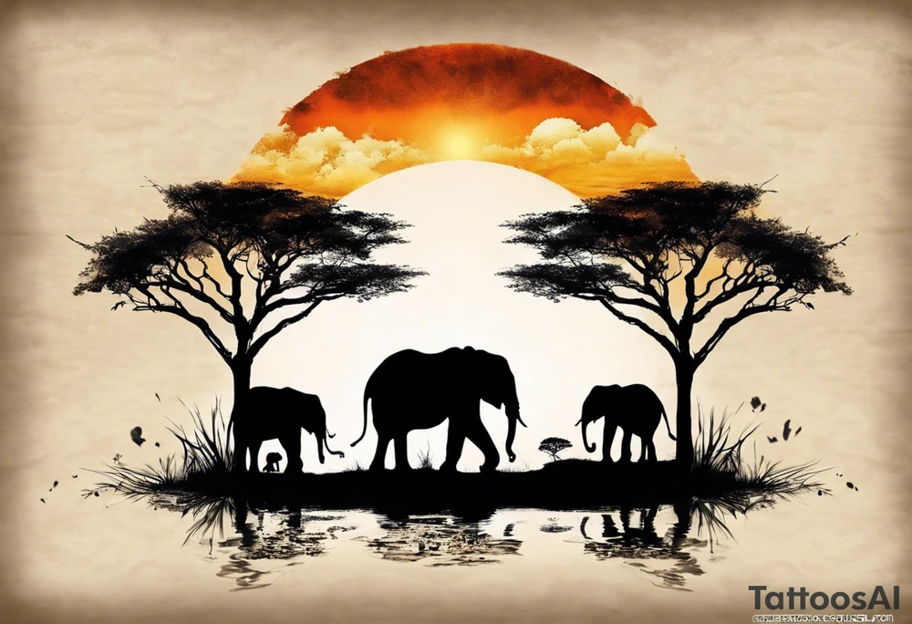 “AI, can you create a unique tattoo design for me? I envision three elephants – a small one in the front, the dad behind, and the mom behind the dad. I’d like the background to feature a rising sun and an African tree. Feel free to add your artistic touch and details to make it special.” tattoo idea