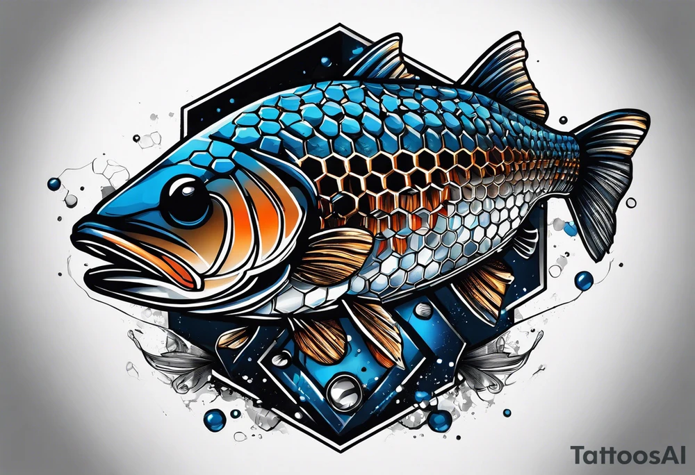 Trash polka blue and black fly fishing theme rib piece. A small about of hexagon pattern. tattoo idea