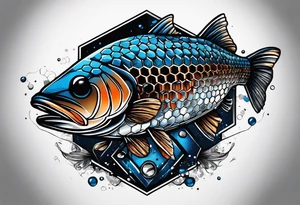 Trash polka blue and black fly fishing theme rib piece. A small about of hexagon pattern. tattoo idea