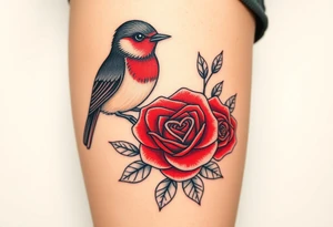 Robin and red rose with infinity heart tattoo idea