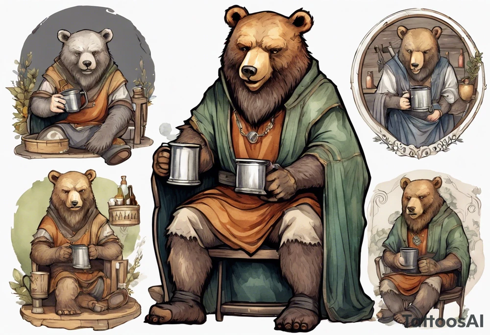 a medieval bear-human hybrid with a long beard wearing a tunic and coif and drinking from a pewter mug in a tavern, sitting in a chair, smiling tattoo idea
