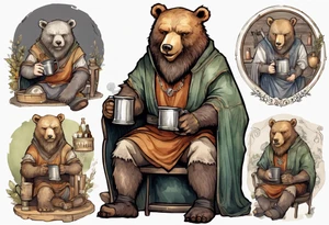 a medieval bear-human hybrid with a long beard wearing a tunic and coif and drinking from a pewter mug in a tavern, sitting in a chair, smiling tattoo idea