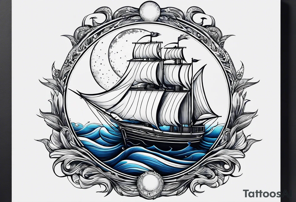 bateau, phare maritime et lune bleu.délicat,minimaliste.phoenix. tattoo idea
