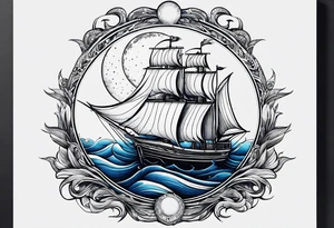 bateau, phare maritime et lune bleu.délicat,minimaliste.phoenix. tattoo idea