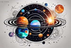 A tattoo featuring a cosmic scene with planets, black holes, and supernovae intertwined with intricate linguistic symbols, reflecting the client's interests in cosmology and linguistics. tattoo idea