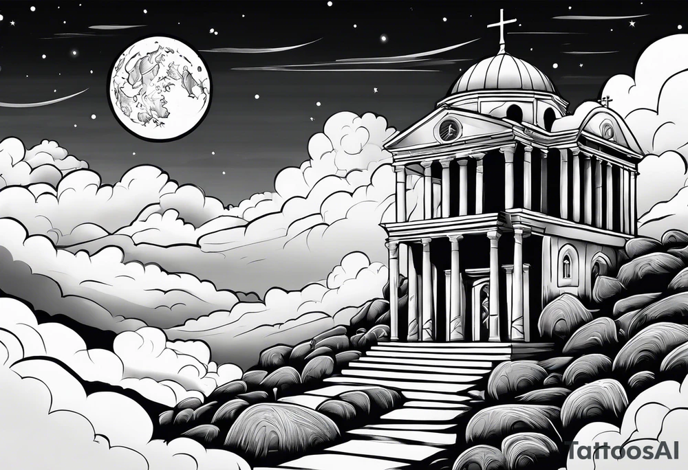 Graveyard with moon and greek church on hills with clouds tattoo idea