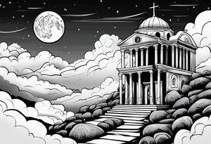 Graveyard with moon and greek church on hills with clouds tattoo idea