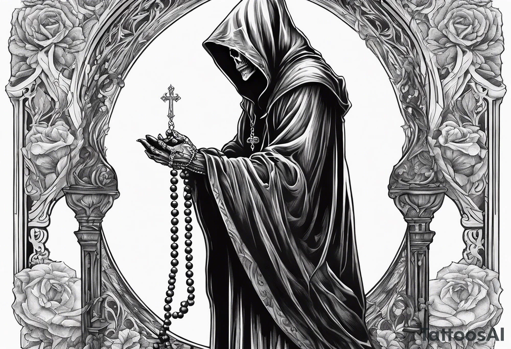 The grim reaper standing from a side profile praying with a rosary wrapped around his hands from a far tattoo idea