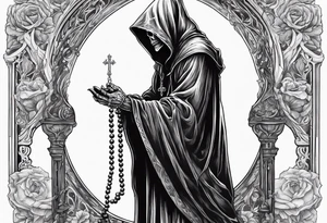 The grim reaper standing from a side profile praying with a rosary wrapped around his hands from a far tattoo idea