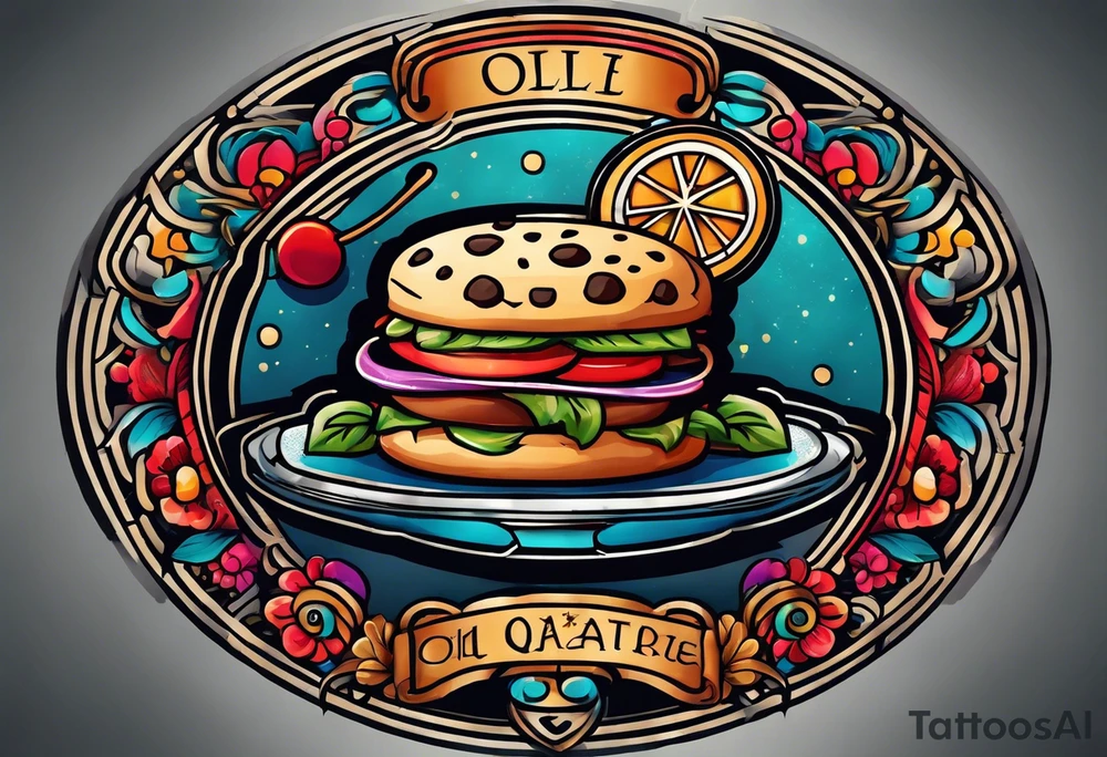 bold, colorful, simple design, cocktail, cookie, in a circle design, traditional american tattoo tattoo idea