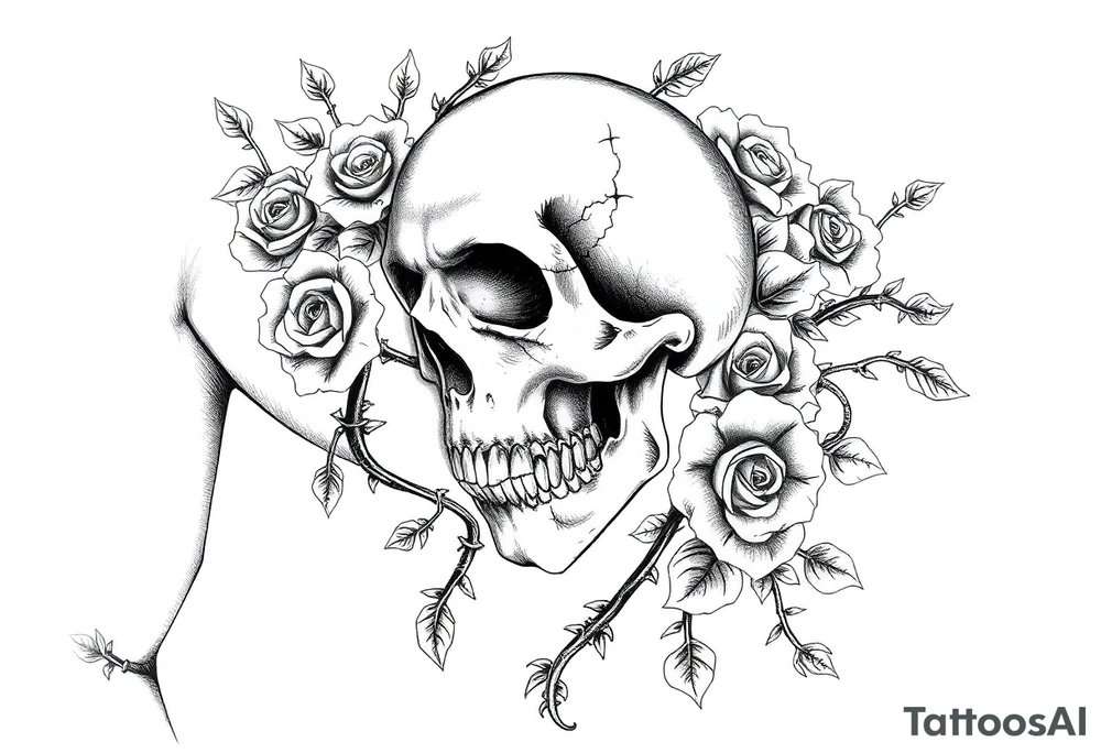 gothic skull intertwined with climbing roses and thorny vines tattoo idea