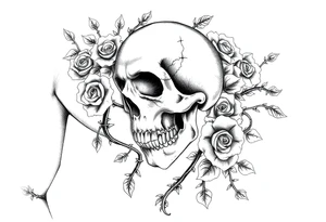 gothic skull intertwined with climbing roses and thorny vines tattoo idea