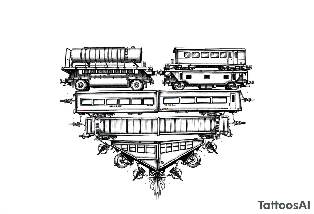 Train cars are stacked in the shape of a heart tattoo idea