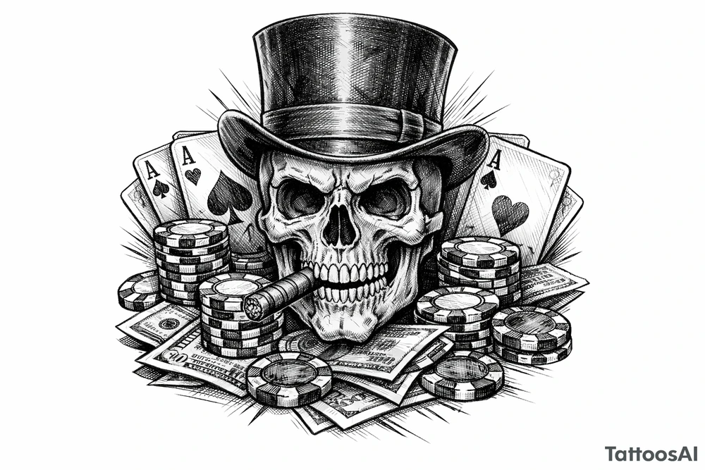 skull with cigar in his mouth,top-hat surrounded by poker-chips,paying cards and money. tattoo idea