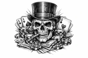skull with cigar in his mouth,top-hat surrounded by poker-chips,paying cards and money. tattoo idea