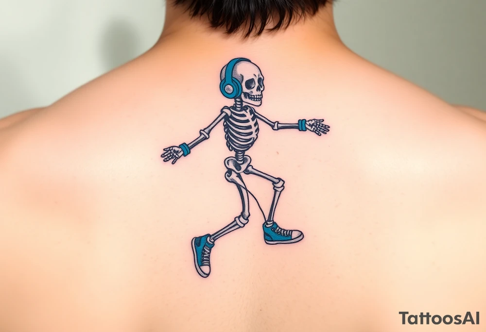 Funny small skeleton jumping on jump rope with a blue headphones and blue tennis shoes and blue wrist bands tattoo idea