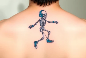Funny small skeleton jumping on  jump rope with a blue headphones and blue tennis shoes and blue wrist bands tattoo idea