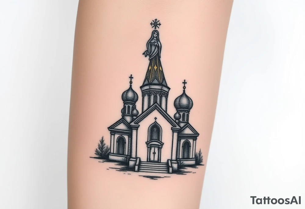 in a dorsal view a detailed medium sized country style russian orthodox church with onion domes and a band at the front with mist shrouding the top and fading into a virgin mary overlooking above at the top tattoo idea