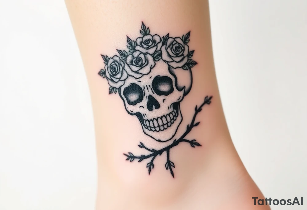 ornate skull adorned with crown of wild roses and thorns tattoo idea