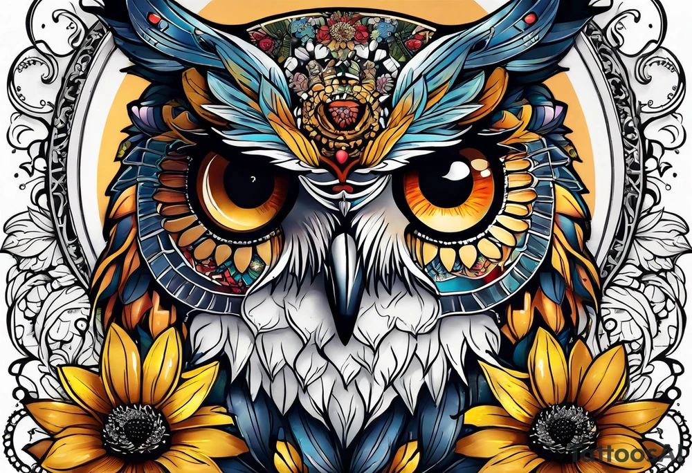 A lower forearm sleeve full colour mandala flowers, and owl, bees, pinecone, lady bugs. Moon sunflower honey suckle tattoo idea