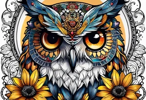 A lower forearm sleeve full colour mandala flowers, and owl, bees, pinecone, lady bugs. Moon sunflower honey suckle tattoo idea