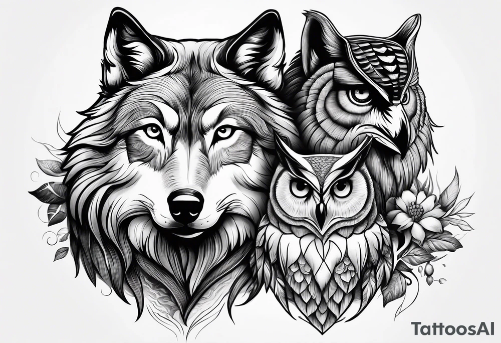 A Wolf as a father, an owl as the son and a lioness as the daughter. tattoo idea
