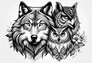 A Wolf as a father, an owl as the son and a lioness as the daughter. tattoo idea