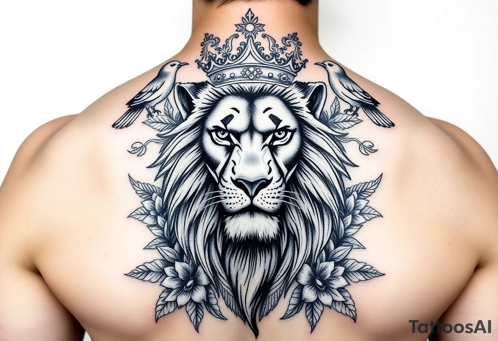 powerful majestic lion with a crown, surrounded by floral ornaments and birds tattoo idea
