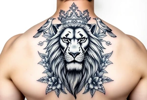 powerful majestic lion with a crown, surrounded by floral ornaments and birds tattoo idea