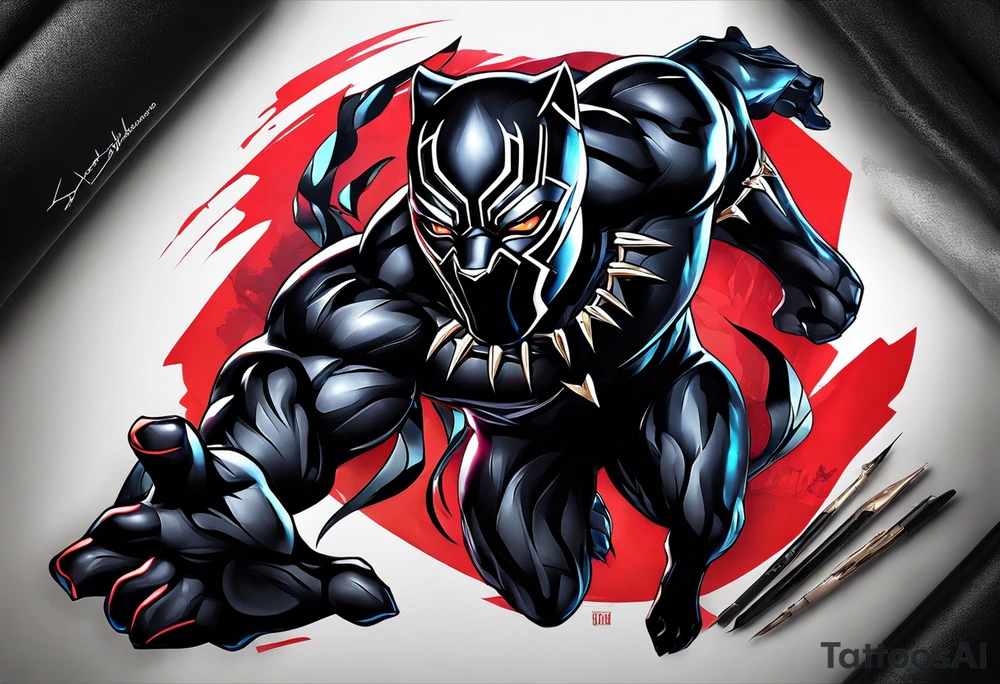 unique black panther tattoo, dynamic pose, showcasing its strength and grace, striking red eyes, intense and captivating elements, artistic flair, blending realism with abstract elements tattoo idea