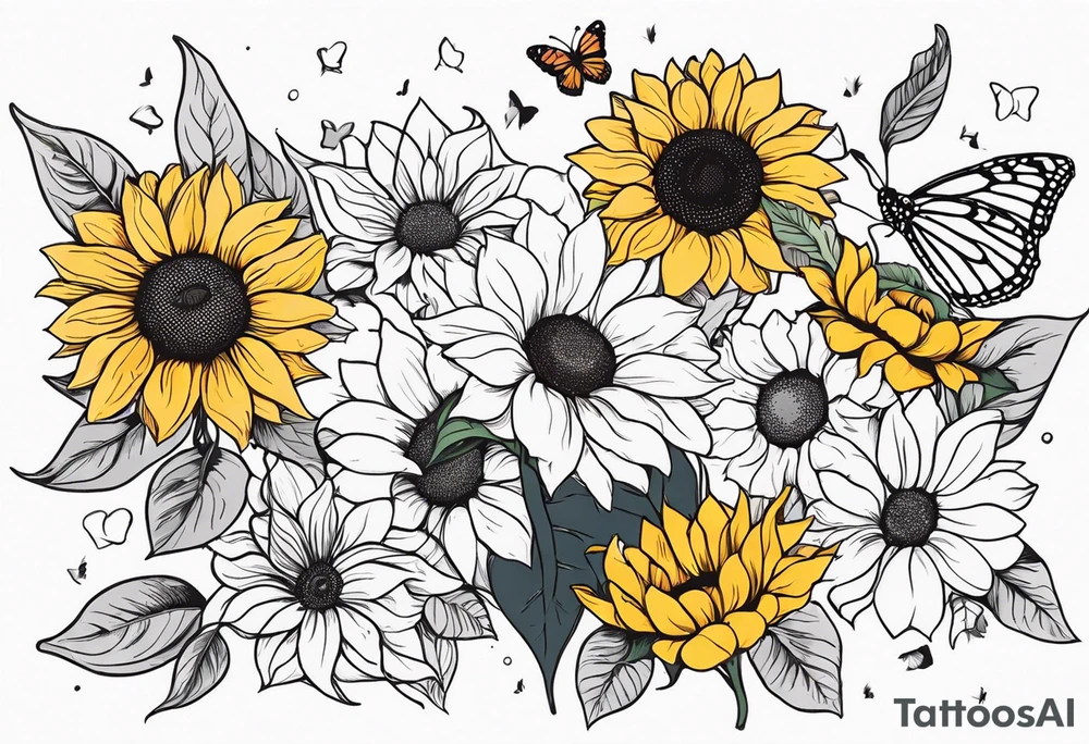 Arm sleeve with sunflowers and butterflies tattoo idea