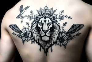 powerful majestic lion with a crown, surrounded by floral ornaments and birds tattoo idea