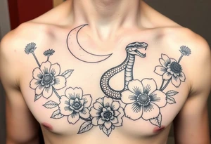 A snake slithering in different flowers with a crescent moon in the background, it should be meant for a shoulder tattoo tattoo idea