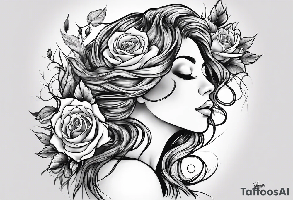 Mother Nature side profile. She has her hands in front of her with roses falling out of them. She had roses branches and leaves intertwining in her hair. Black and white tattoo idea