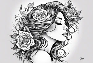 Mother Nature side profile. She has her hands in front of her with roses falling out of them. She had roses branches and leaves intertwining in her hair. Black and white tattoo idea