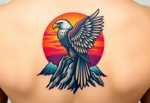 A proud eagle perched on a rugged mountain peak, with a breathtaking sunset behind it, blending fiery oranges, purples, and blues tattoo idea