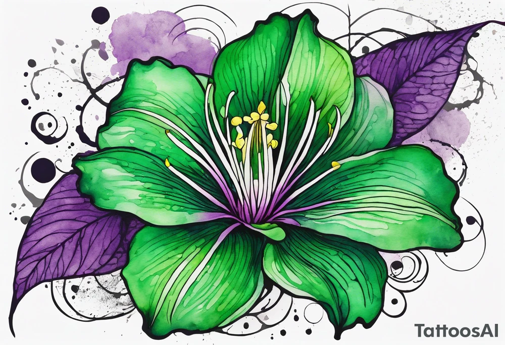 A mystical outline of a green and purple rio dipladenia flower and a green and purple watercolor splash in the background tattoo idea