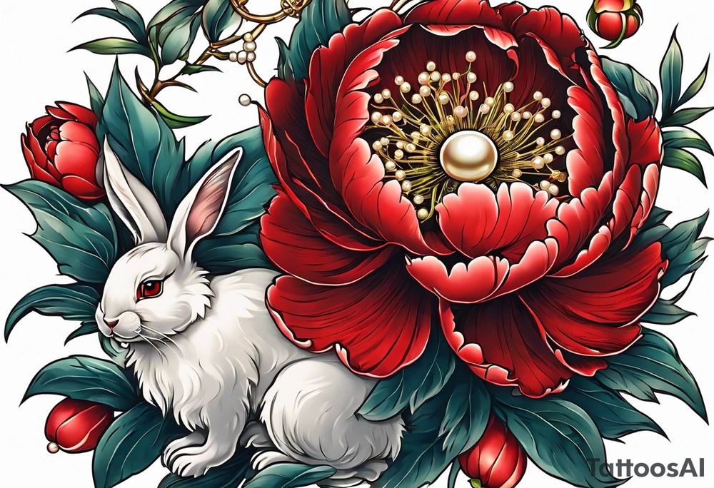 Red peony with dangling pearl necklace with rabbit on top tattoo idea