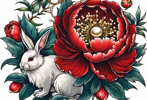 Red peony with dangling pearl necklace with rabbit on top tattoo idea