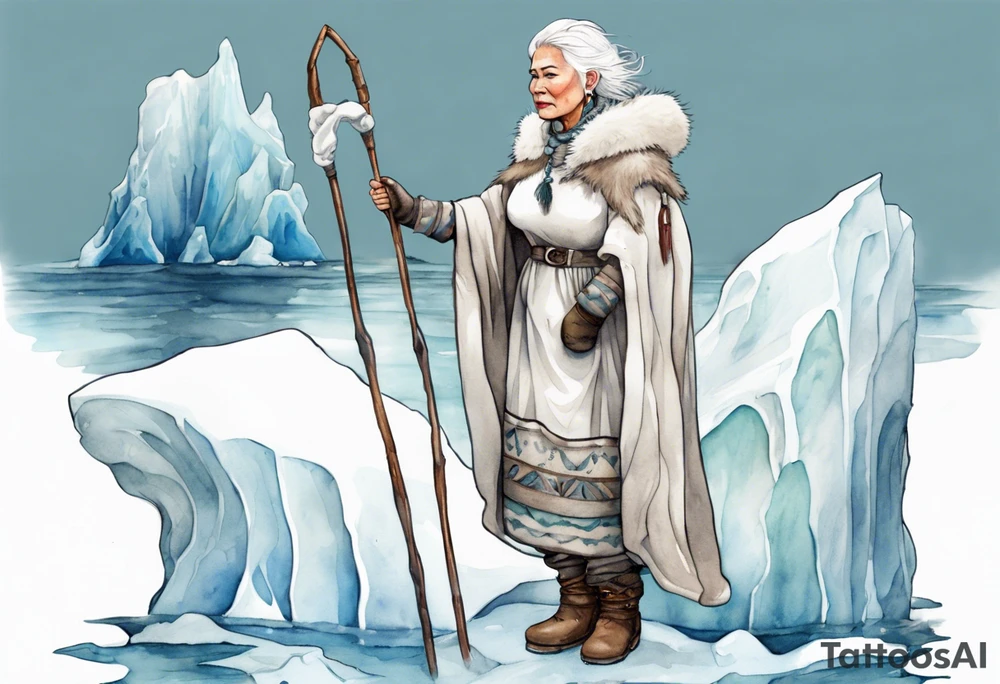a middle aged Inuit woman with white hair, wearing mittens, wearing a white cloak, holding a white staff, wearing mukluks, standing on an iceberg in the sea tattoo idea