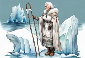 a middle aged Inuit woman with white hair, wearing mittens, wearing a white cloak, holding a white staff, wearing mukluks, standing on an iceberg in the sea tattoo idea