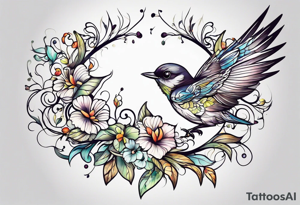 Whimsical birds and vines tattoo idea