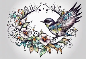Whimsical birds and vines tattoo idea