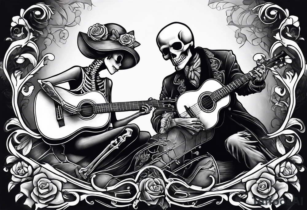 a male skeleton playing guitar while a female skeleton listens tattoo idea