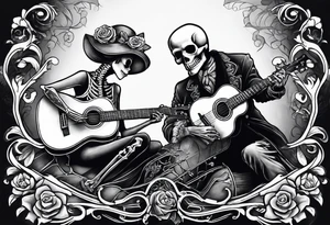 a male skeleton playing guitar while a female skeleton listens tattoo idea
