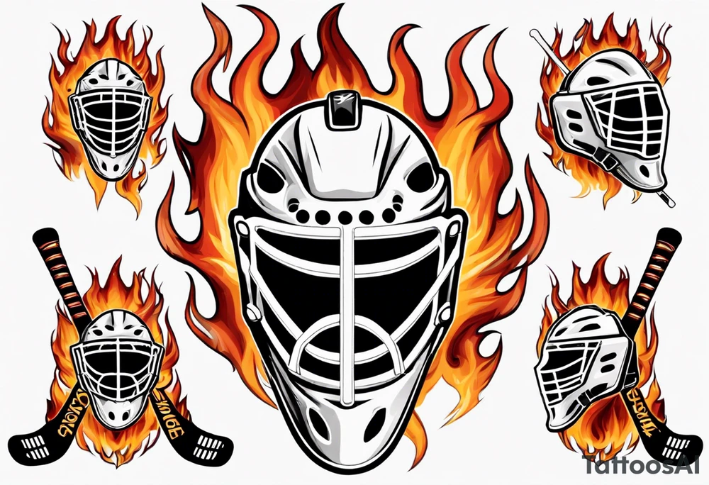 a goalie mask with crossed hockey sticks and flames that says "SHOT HOCKEY" tattoo idea