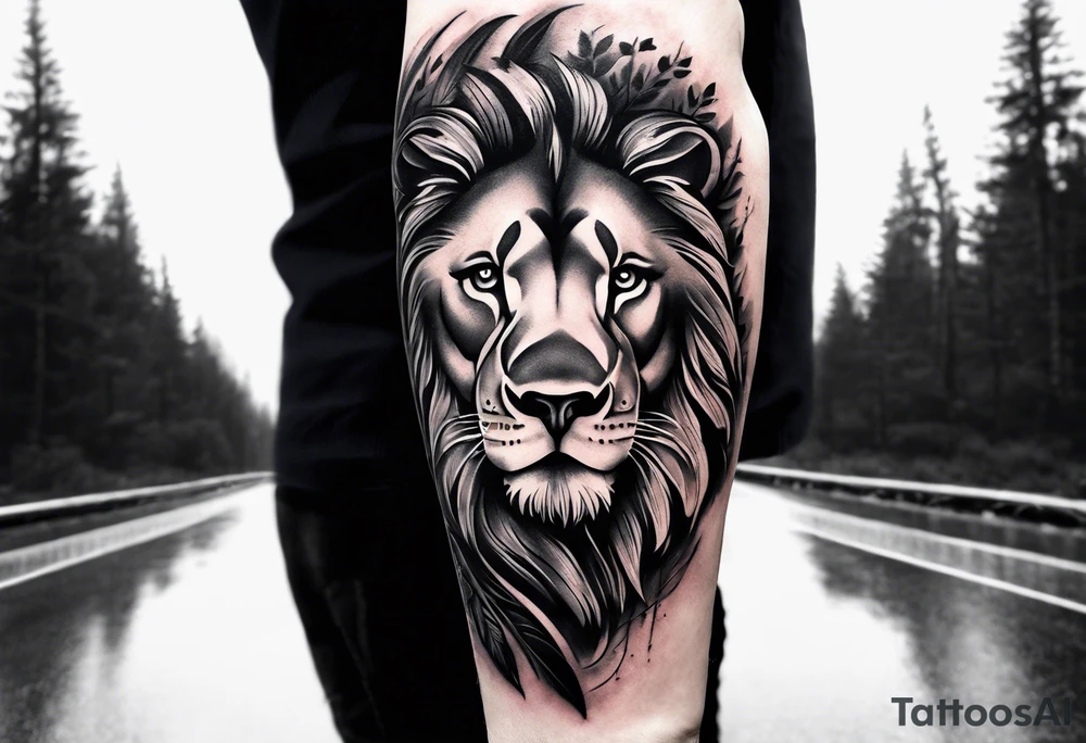 black and gray forearm sleeve tattoo where a lion is looking back as it is entering a forest tattoo idea